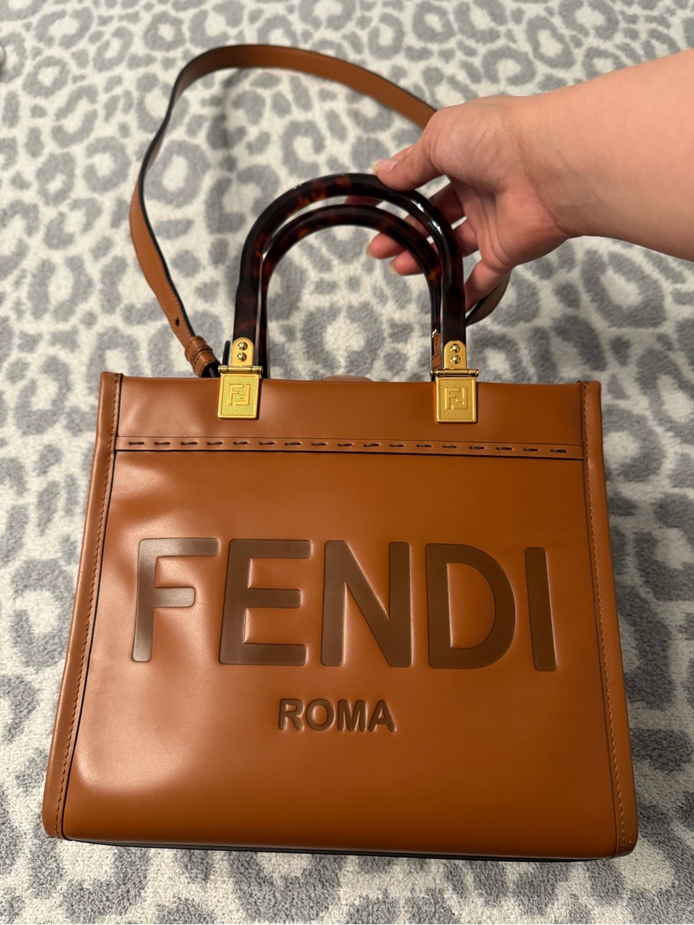 Fendi Sunshine Leather Tote with Tortoiseshell Handles